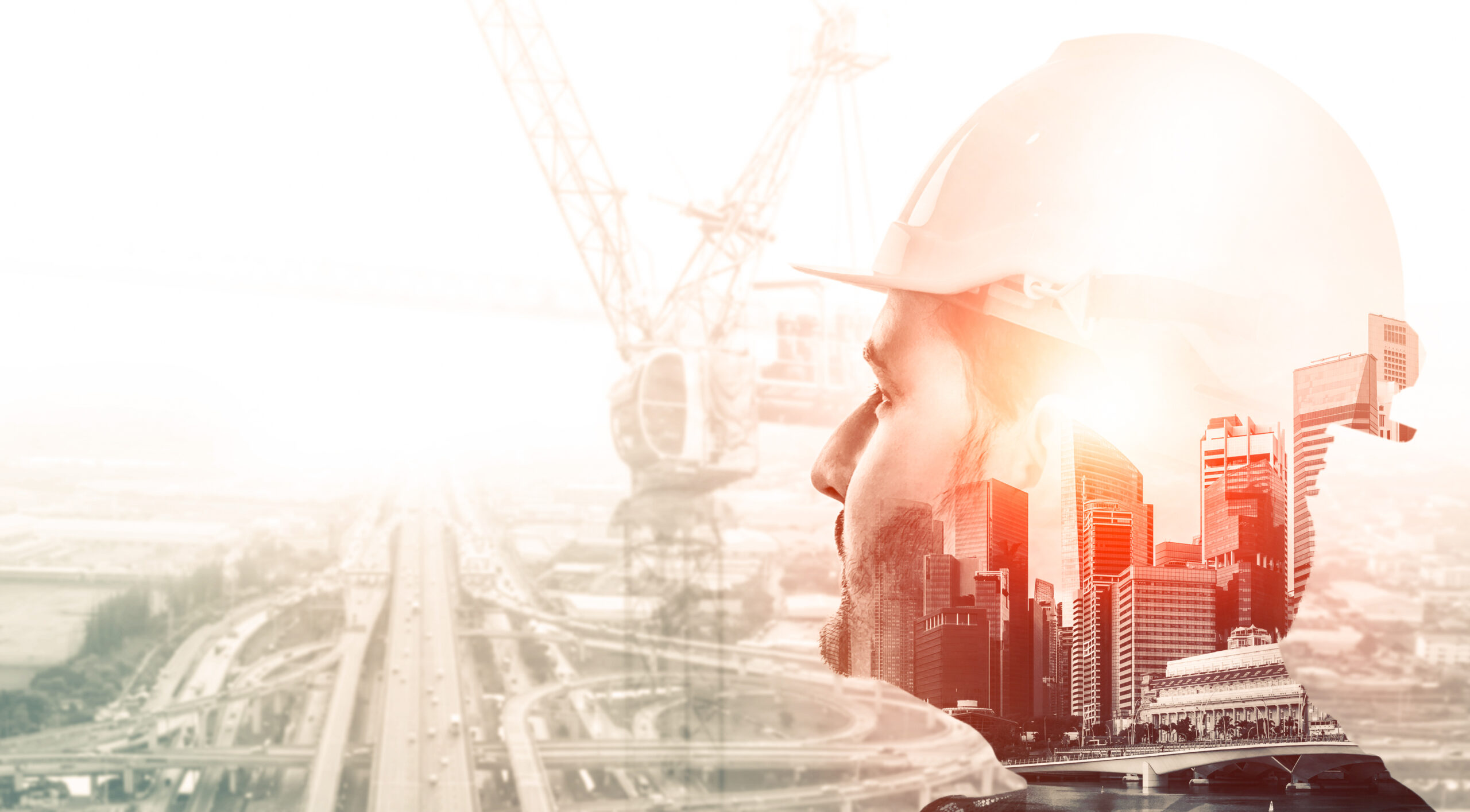 Future building construction engineering project concept with double exposure graphic design. Building engineer, architect people or construction worker working with modern civil equipment technology.