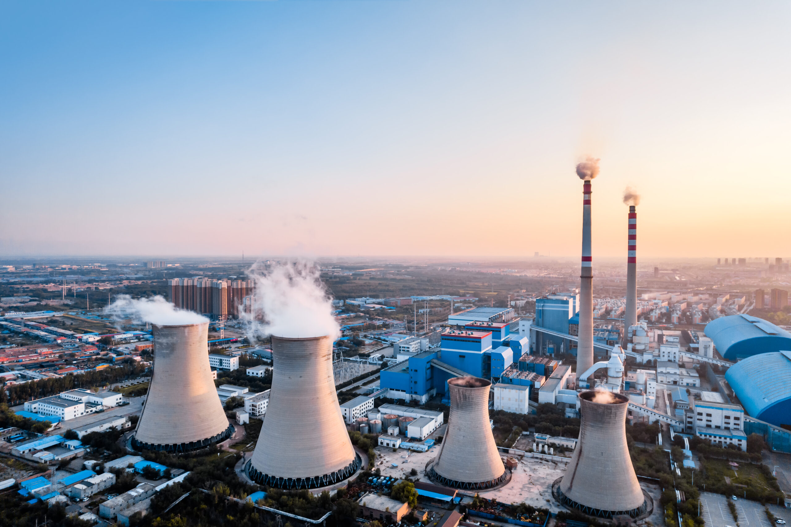 Aerial photography of coal-fired thermal power plants at dusk in Hohhot, Inner Mongolia, China